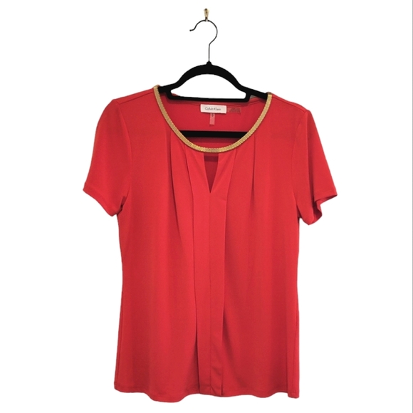 Calvin Klein Tops - 2/$18 Calvin Klein Orange Red Gold Chainlink Pleated Loose Stretchy Top S